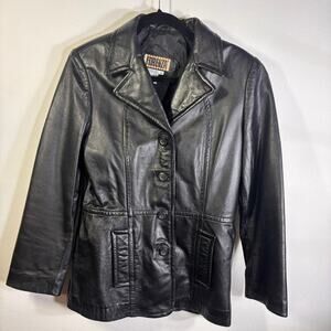 Vintage Forenza Black Genuine Leather Jacket Womens Size 10 Button Front Coat